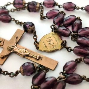 Antique 1909 Brass and Amethyst Glass Rosary